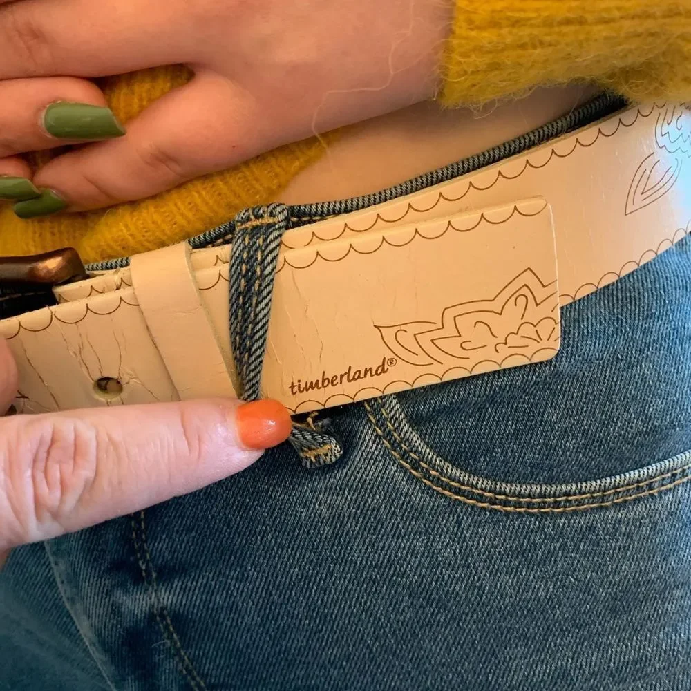 Timberland Vintage White Leather Etched Belt sz M
